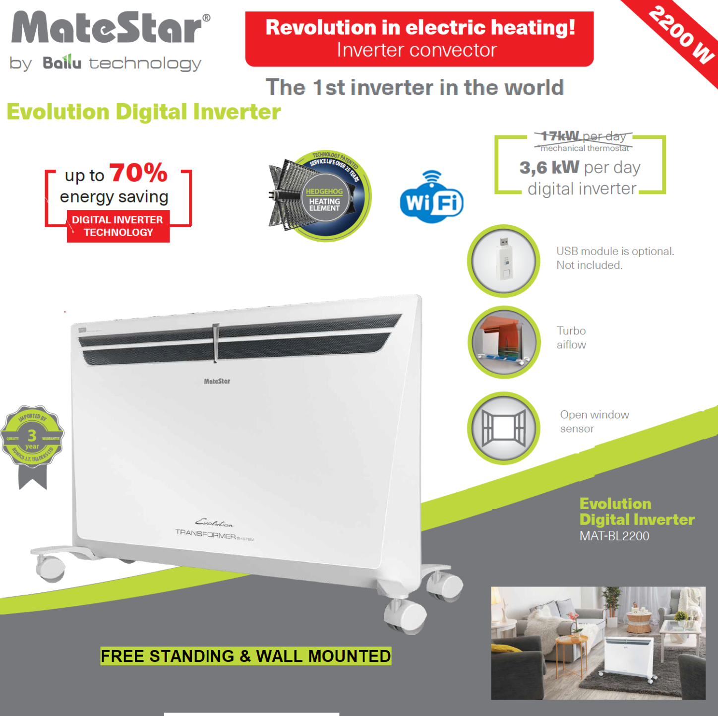 Matestar evolution inverter convector heater mat-bl2200 - Pambos Electronics